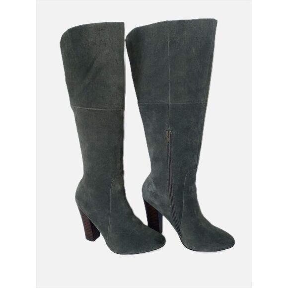 Cynthia Rowley Knee Boots Gray Suede Leather Block Heel Zip Boho Classic Size 7 - Picture 1 of 15
